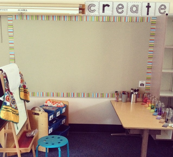 blank wall in the art area of an early childhood classroom