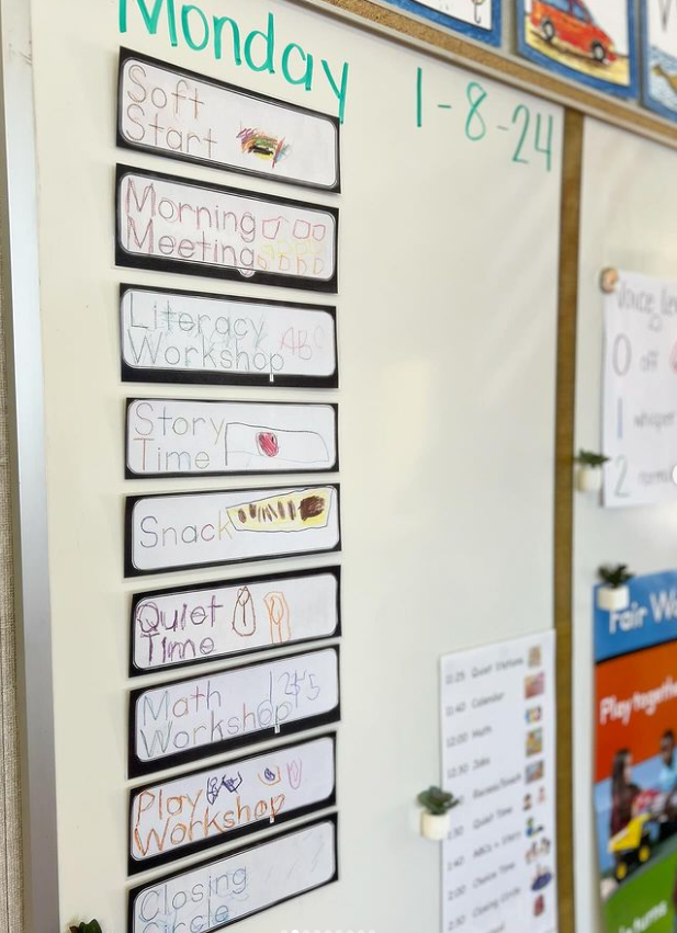 A photo of a TK daily schedule using student-created schedule cards